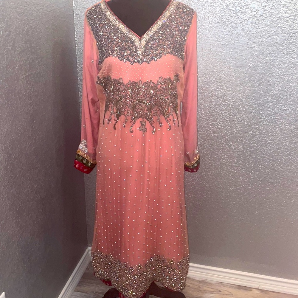 Pink and silver grey dress/shalwar kameez. Long sleeves